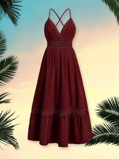 Breezaya Plus Size Boho Guipure Lace Insert Ruffle Hem Cami Summer Dress Burgundy Color Women Outfit