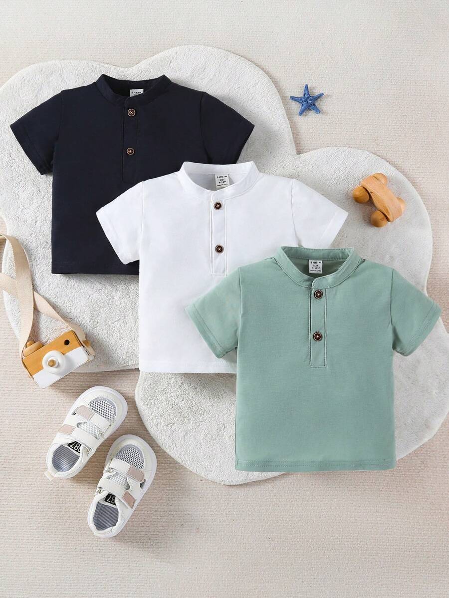 SHEIN Vintaside Kids 3pcs Baby Boy Retro Dopamine Blue/Orange/Yellow Short Sleeve Shirts With Small Stand Collar And Chest Openings, Spring/Summer - Multicolor - View 1