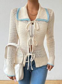 SHEIN LUNE Contrast Binding Trim Tie Front Pointelle Knit Cardigan - Apricot - View 1