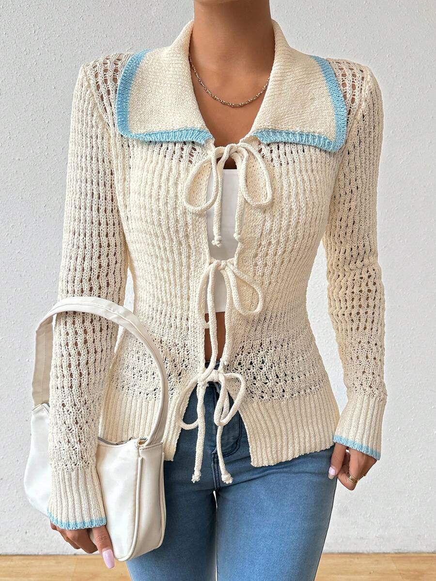SHEIN LUNE Contrast Binding Trim Tie Front Pointelle Knit Cardigan - Apricot - View 1