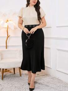 Modelyn Plus Stand Neck Blouse & Skirt Without Belt For Summer 2 Pieces Set - Black and White - View 8