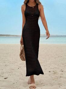 EURMUSE Slit Side Sweater Cover Up Dress, For Summer Beach Vacation - Black - View 1
