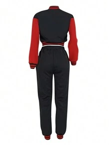 Two Pieces Women's Casual Color Blocked Single Breasted Long Sleeved Jacket Top And Drawstring Pocket Sports Pants Set For Spring And Autumn Winter Wear