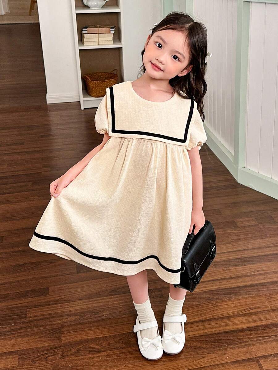 SHEIN Young Girl Solid Color Adorned Pocket Turn-Down Preppy Dress - Apricot - View 1