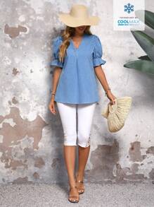 SHEIN LUNE Solid Notched Neck Flounce Sleeve Denim Top For Summer Vacation - Blue - View 5