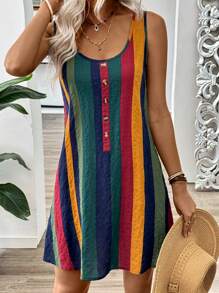 EMERY ROSE Colorful Wide-Striped Round Neck Sleeveless A-Line Suspender Dress, Spring/Summer