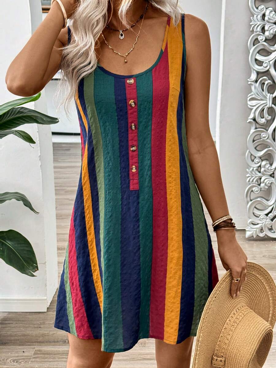 EMERY ROSE Colorful Wide-Striped Round Neck Sleeveless A-Line Suspender Dress, Spring/Summer