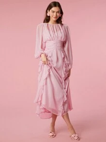 Enchnt Summer Holiday Romantic Elegant Ruffle Trim Lantern Sleeve Ruched Waist Pink Dress - Pink - View 8