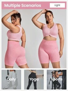 Easithlete Plus Size Women's High Waist Shorts And Sports Bra Set - Pink - View 4