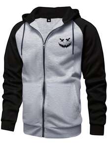 Sudadera con capucha de manga raglán para hombre con estampado de cara sonriente - Gris - Ver 1