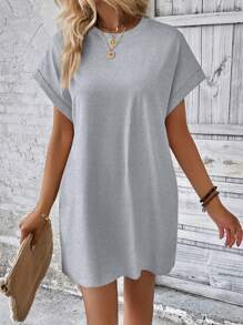 INAWLY Plus Solid Batwing Sleeve Tee Dress