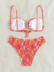 SHEIN Swim 女式夏季海灘植物印花推上式性感比基尼套裝 - 彩色 - 查看 2