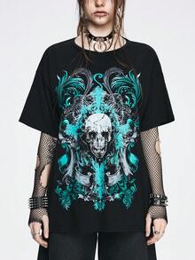 ROMWE Goth Halloween Totenkopf & Kreuz Oversized Distressed Snow Wash T-Shirt für Frauen - Schwarz - Übersicht 2