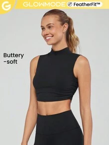 GLOWMODE FeatherFit™ Get Higher Mock-Neck Curved Hem Tank Top Light Support - Black - View 1
