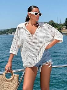EURMUSE Top décontracté à col polo en tricot ouvert pour femme, pour l'été et les vacances à la plage - Beige - Voir 3