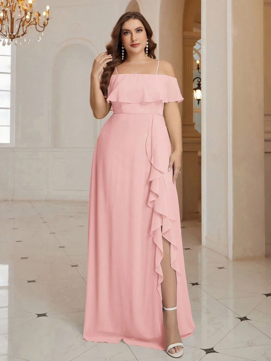 SHEIN Belle Plus Size Solid Color Spaghetti Strap Dress With Asymmetrical Ruffles And Side Slit, Elegant Bridesmaid Gown - Pink - View 1