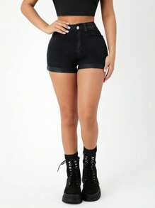 SHEIN PETITE 卷邊高腰牛仔短褲 - 黑色 - 查看 5