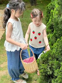 SHEIN Little Girls' Sleeveless Round Neck Burnt-Out Flower Top And Pants Set With Ruffled Hem - Multicolor - View 1