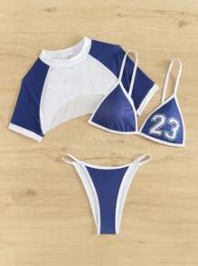 Swim SPRTY Women's Summer Beach Digital Printed Sexy Bikini Set, With Short Sleeve Cover-Up Top, 3pcs