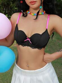 Women's Color-Block Lace Splice Bra With Bow Decoration And Underwire, 1pc