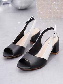 Sandalias de tacón grueso y punta abierta con correa trasera para mujeres, simples y modernas en negro y blanco, zapatos de verano con tacón alto - Blanco y Negro - Ver 2