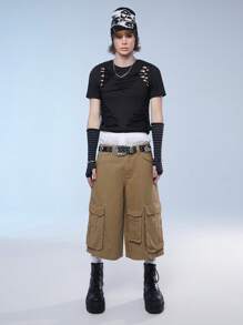 Manfinity Denimwave Shorts en jean avec poches multiples pour homme, coupe ample de vêtements de travail streetwear, mi-longueur - Kaki - Voir 8