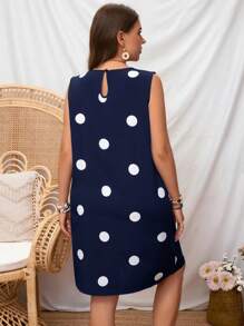SHEIN LUNE Plus Size Women's Polka Dot Printed Sleeveless Summer Dress - Navy Blue - View 2
