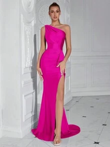 ADYCE Einfarbiges, asymmetrisches Abendkleid mit hohem Schlitz für formale Banketts und Anlässe für Damen - Heißes Pink - Übersicht 5