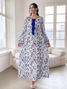 Al Najma 圆领花卉拼布纯色流苏下摆阿拉伯连衣裙，配头巾，端庄大方 - 藍色 - 查看 5