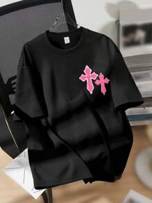 SHEIN Leap Crew Quần áo mùa tựu trường, Quần áo bé gái tuổi teen, Áo đen: Áo thun oversized dệt kim cỡ lớn màu hồng đơn giản giản dị dành cho các cô gái tuổi teen, thích hợp cho mùa hè - màu đen - Xem 1