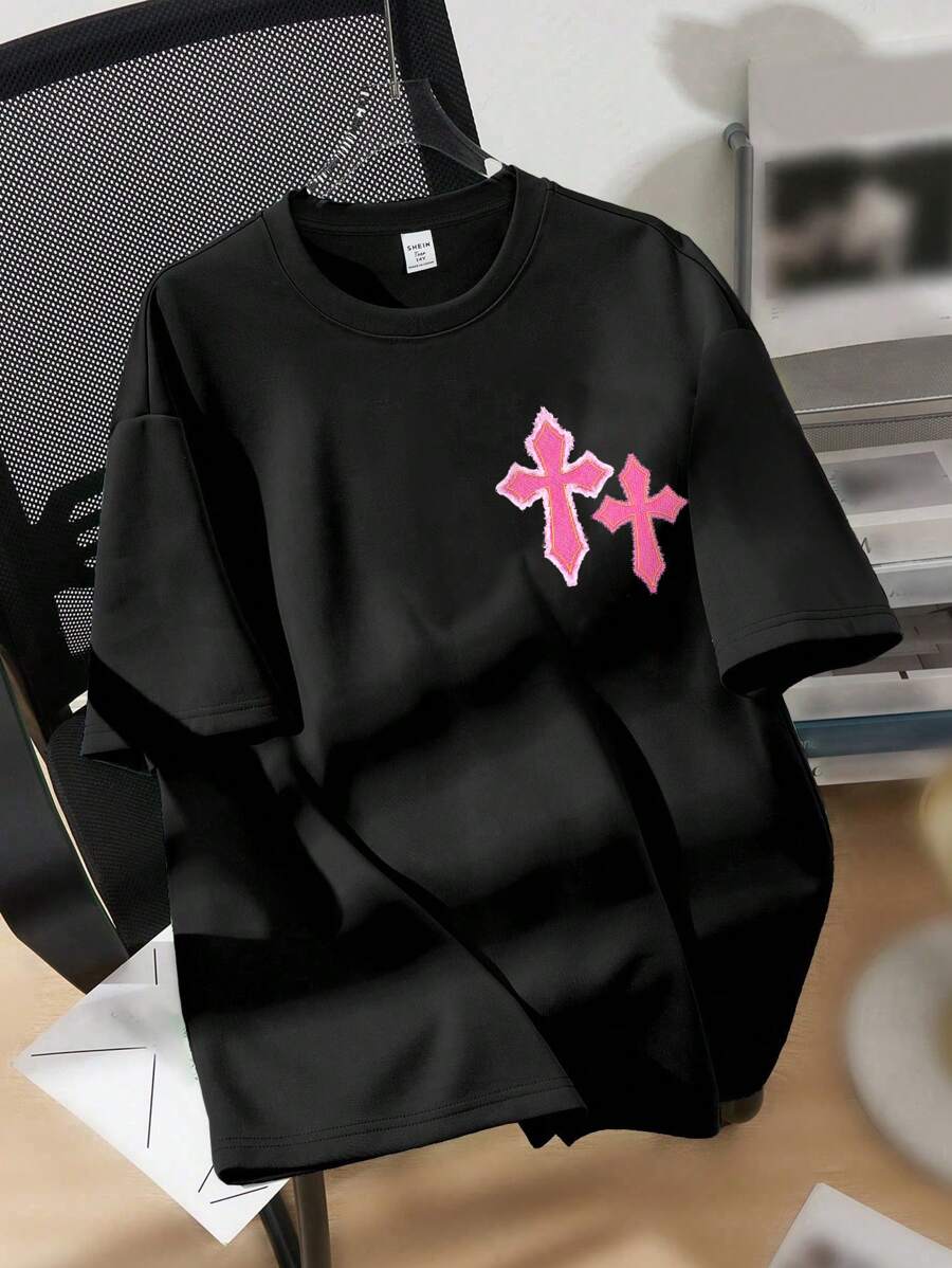 SHEIN Leap Crew Quần áo mùa tựu trường, Quần áo bé gái tuổi teen, Áo đen: Áo thun oversized dệt kim cỡ lớn màu hồng đơn giản giản dị dành cho các cô gái tuổi teen, thích hợp cho mùa hè - màu đen - Xem 1