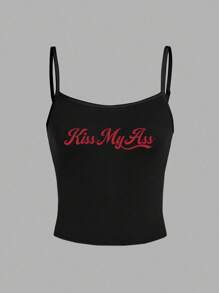 SHEIN EZwear Áo ba lỗ in chữ tiếng Anh gợi cảm thường ngày cho nữ, Áo ba lỗ mùa hè - màu đen - Xem 3