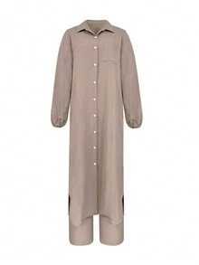 女士 2 件套优雅纯色圆领开衫连衣裙和松紧腰宽松裤套装，适合生日、花园派对、婚礼、工作、休闲装、春夏/秋季 - 卡其色 - 查看 4