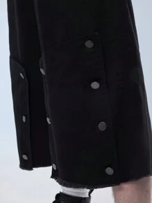 Manfinity Denimwave Men's Wide-Leg Loose-Fit Denim Shorts With Raw Hem And Mid-Length, With Front And Back Pockets, Streetwear - Black - View 3