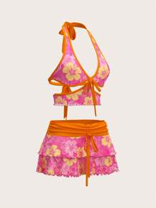 Sweetina Women's Summer Cute Holiday Hibiscus Flower Printed Halter Neck Backless Tank Top And Ruffled Tie Waist Skirt Set