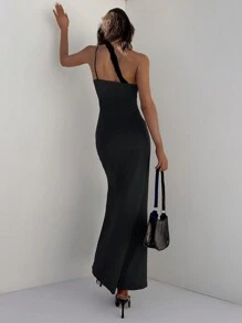 Aloruh 女士优雅浪漫约会派对性感蕾丝针织拼接不对称开衩黑色长裙 - 黑色 - 查看 2