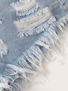 SHEIN Tall Ladies' Frayed Hem Distressed Denim Shorts With Pockets, Washed - Light Wash - View 4