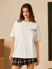 HARRY POTTER X SHEIN Loose-Fit White Casual T-Shirt With Death Holy Device Black And White Print, Super Loose T-Shirt - White - View 2