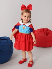 SHEIN Baby Girls' Summer Woven Fashionable Color Block Peter Pan Collar Little Girl Pilot Cloak Dress, Holiday Style Outfit