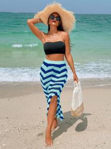 Swim Vcay Chevron Pattern Split Thigh Cover Up Skirt Summer - Blue - View 2