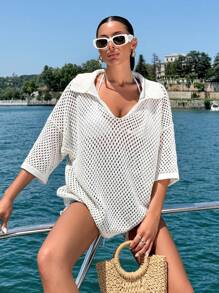 EURMUSE Top décontracté à col polo en tricot ouvert pour femme, pour l'été et les vacances à la plage - Beige - Voir 5