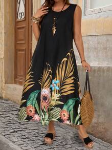 EMERY ROSE Abito lungo senza maniche con stampa tropicale di taglia grande per le vacanze estive