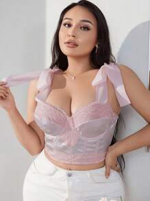SHEIN 提花圖案緞帶綁帶長型胸罩，可作外穿穿著，帶蕾絲修邊，粉紅色，大碼胸罩＆無線胸罩，稍微塑形 - 粉色 - 查看 5