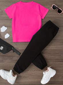GraphicGems Tween Girl zomer T-shirt met ronde hals, korte mouwen en sportbroek met letterprint