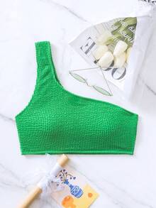 SHEIN Swim 女士夏季沙灘純色一字肩性感比基尼上衣 - 綠色 - 查看 4