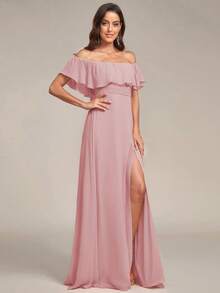Off-Shoulder Ruffle Sleeve Side Slit A-Line Chiffon Light Pink Bridesmaid Dress, Wedding Guest Dress, Wedding/Vacation/Graduation Ceremony - Baby Pink - View 5