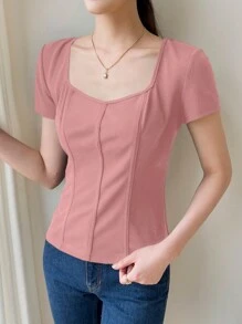 Mulvari Women's Summer Solid Color Sweetheart Neck Short Sleeve Casual T-Shirt