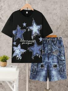 SHEIN 2 件套青少年男孩街頭時尚印花 T 恤和短褲套裝 - 彩色 - 查看 1