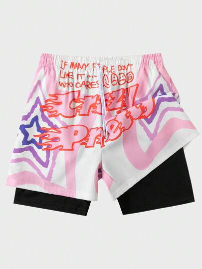 Street Life Bermuda casual stampati con cintura a coulisse da uomo, con scritte e stelle
