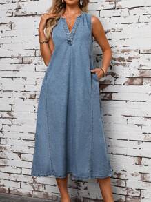 EMERY ROSE 女式夏季無袖寬鬆直筒牛仔連衣裙，V領口設計帶口袋 - 深色水洗藍 - 查看 3